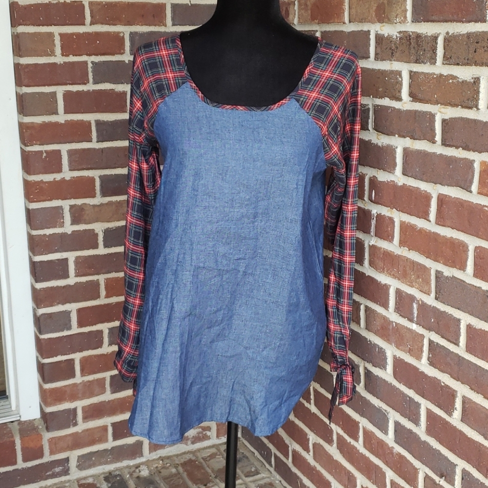 Blue Jean & Buffalo Plaid Long Sleeve T-shirt Sz S